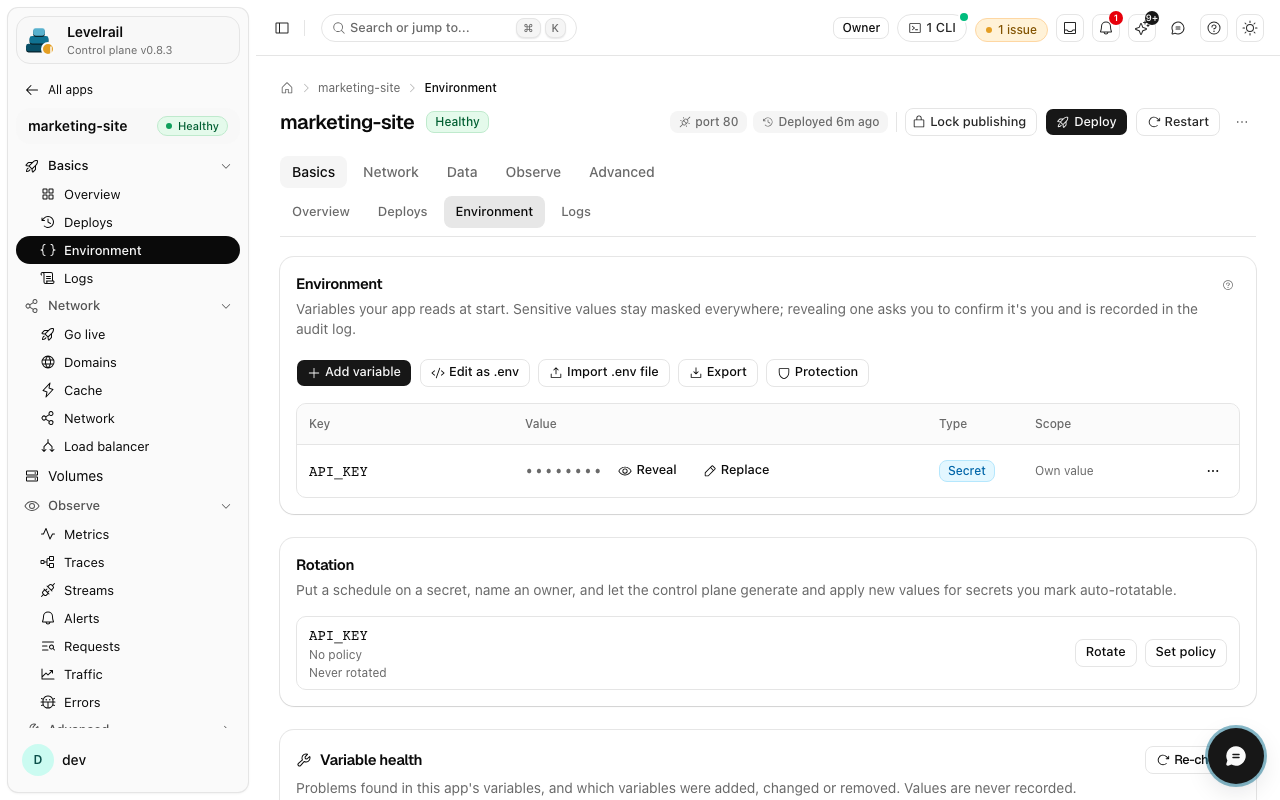 Levelrail dashboard: Environment editor with masked secret values