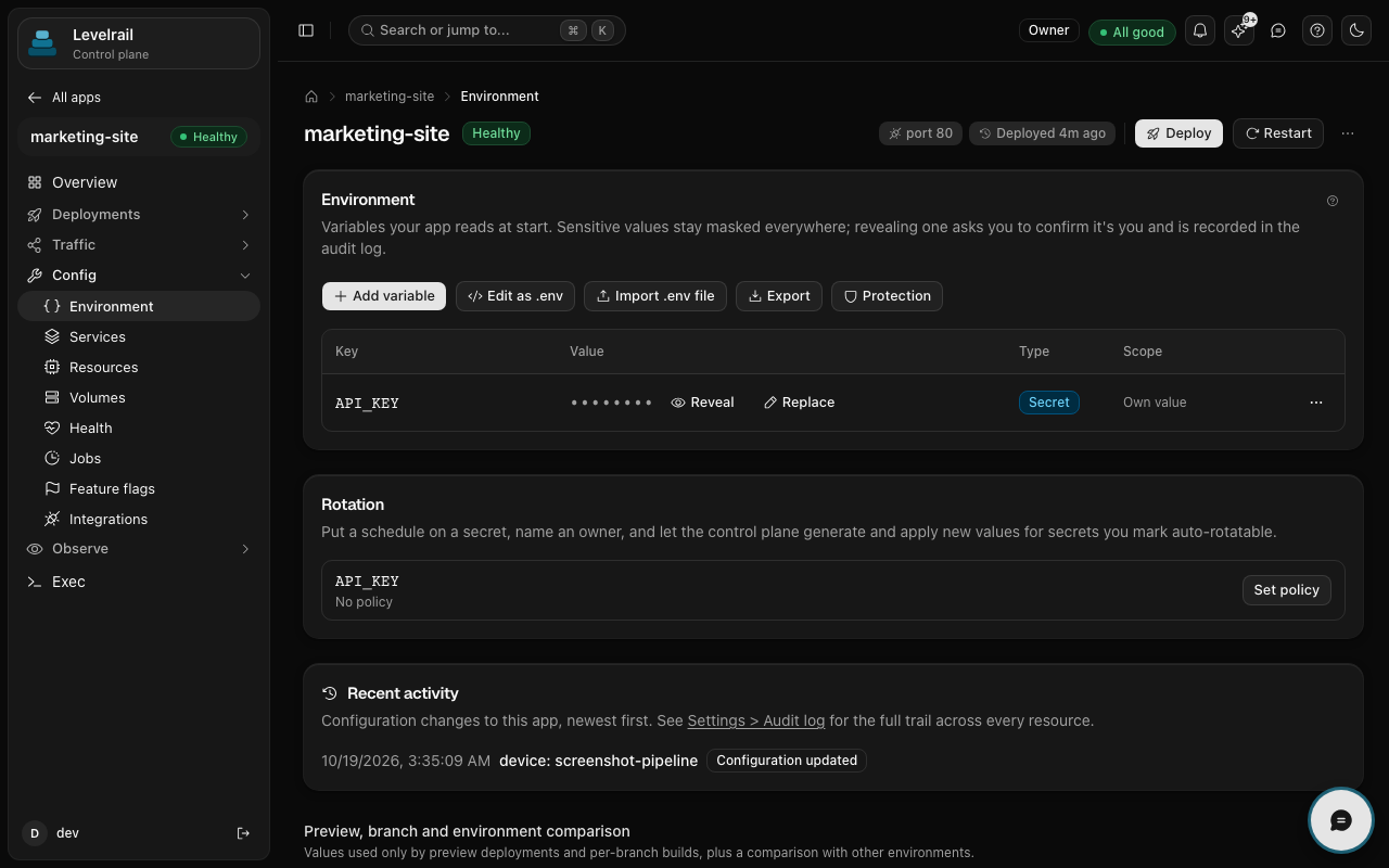 Levelrail environment variables and write-only secrets