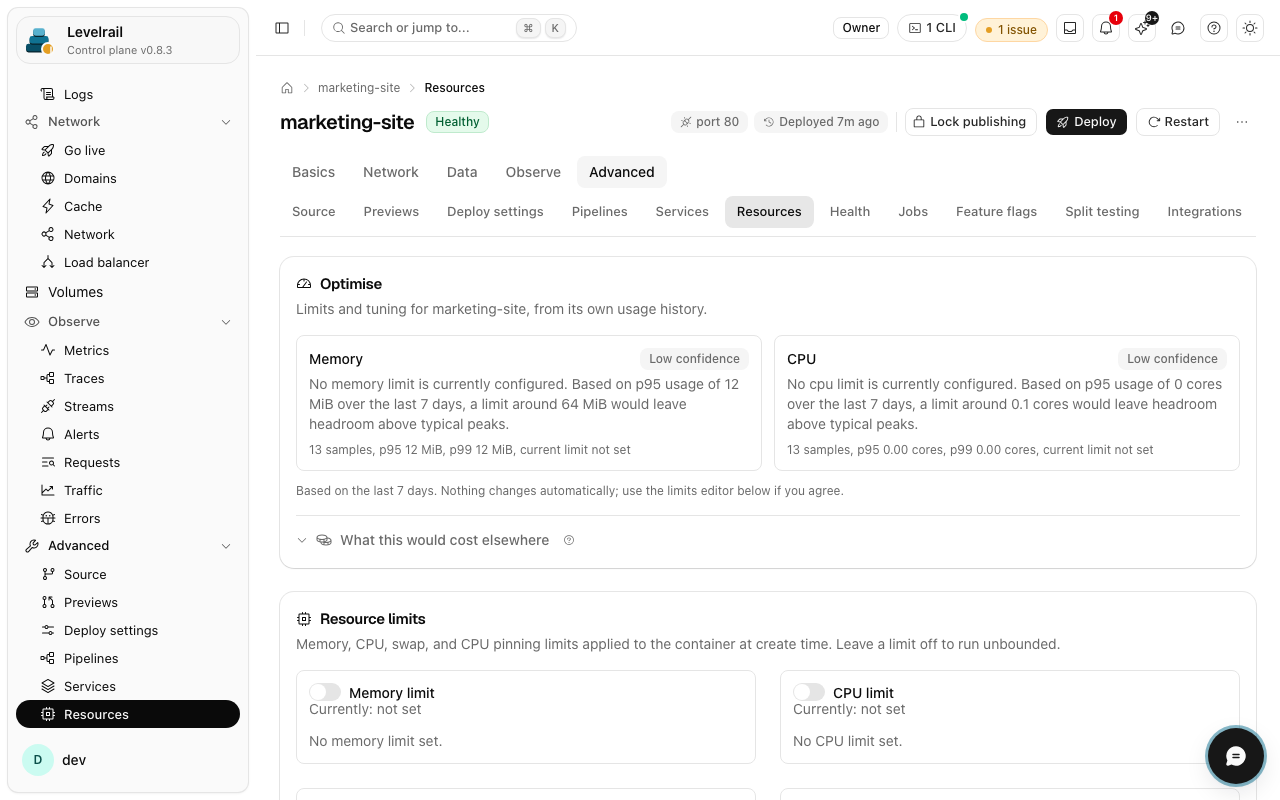 Levelrail dashboard: CPU and memory limits for an app