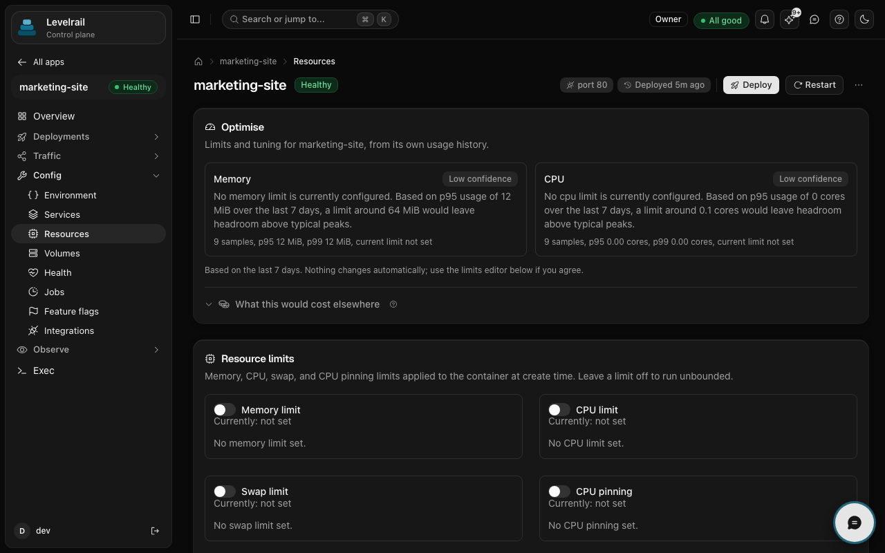 Levelrail resource suggestion and cost estimate for an app