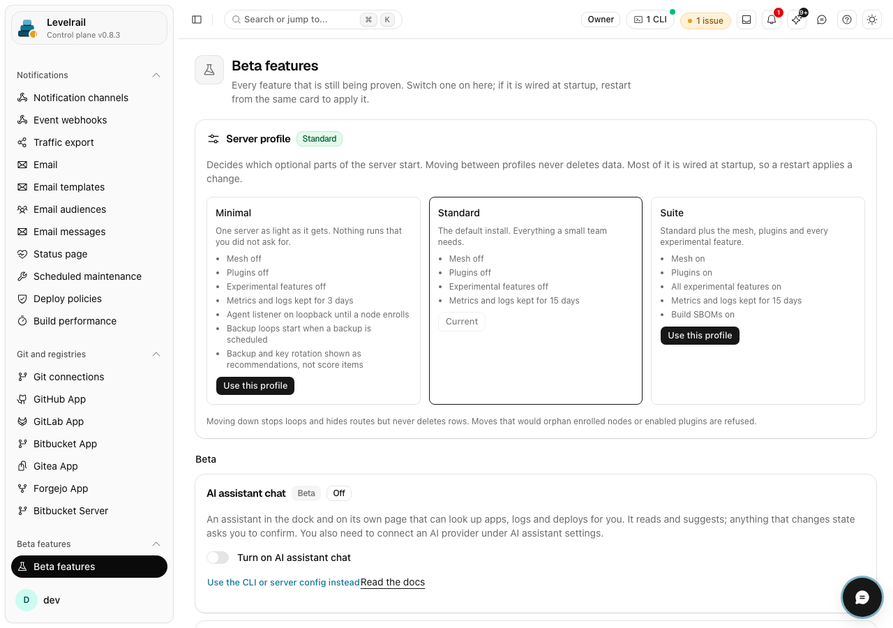 Levelrail dashboard: Beta features list