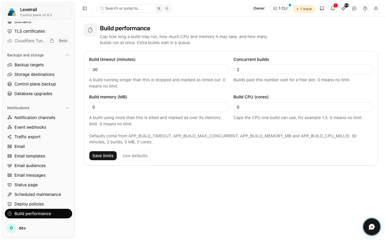 Levelrail dashboard: Build performance settings