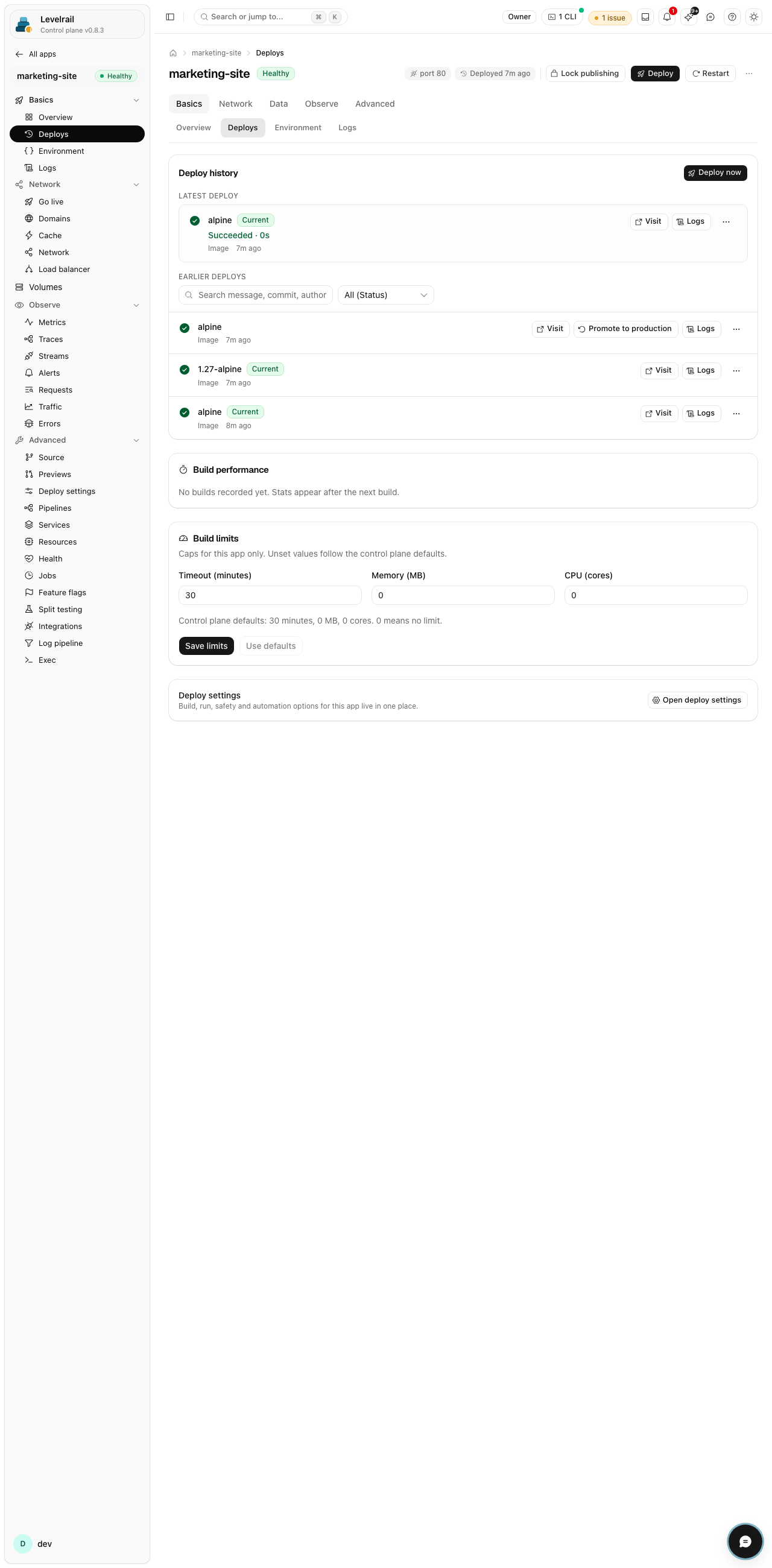 Levelrail dashboard: Deploys page with the GitHub Actions reporting card (tall capture)