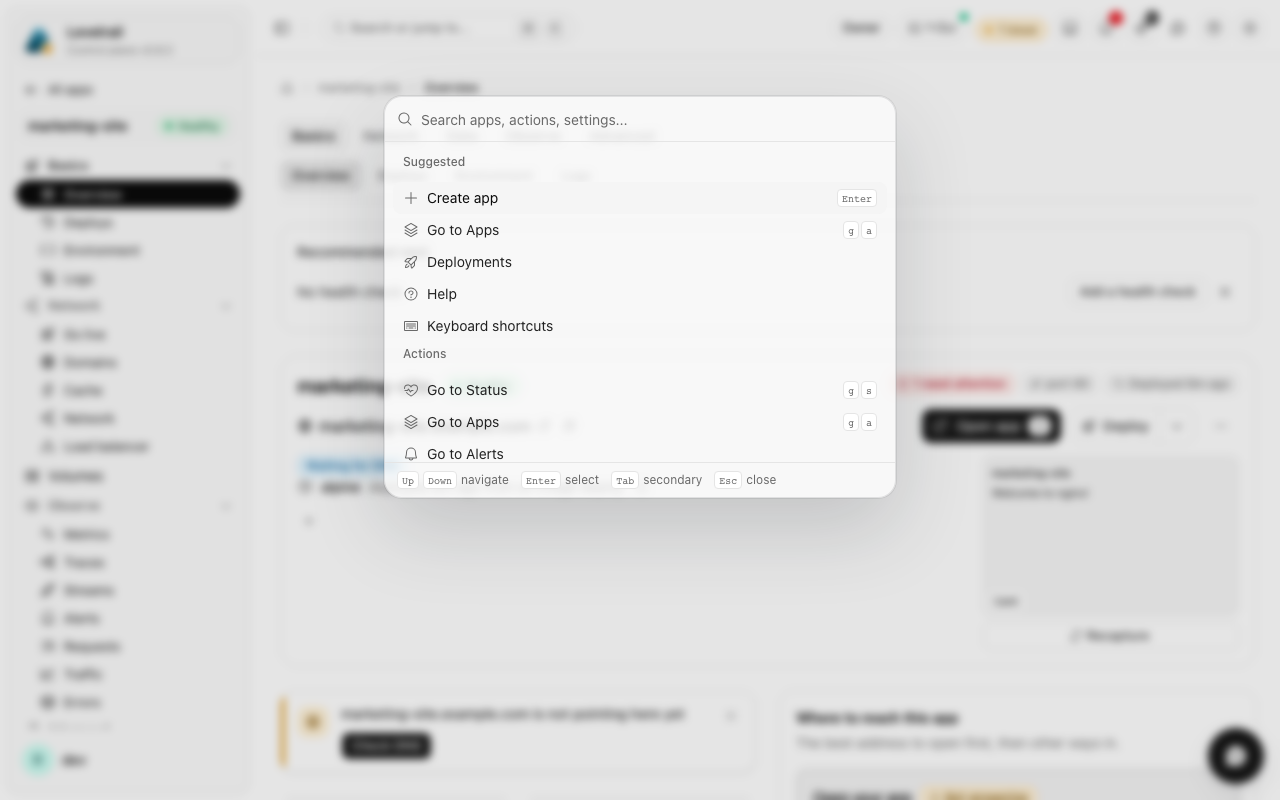 Levelrail command palette search
