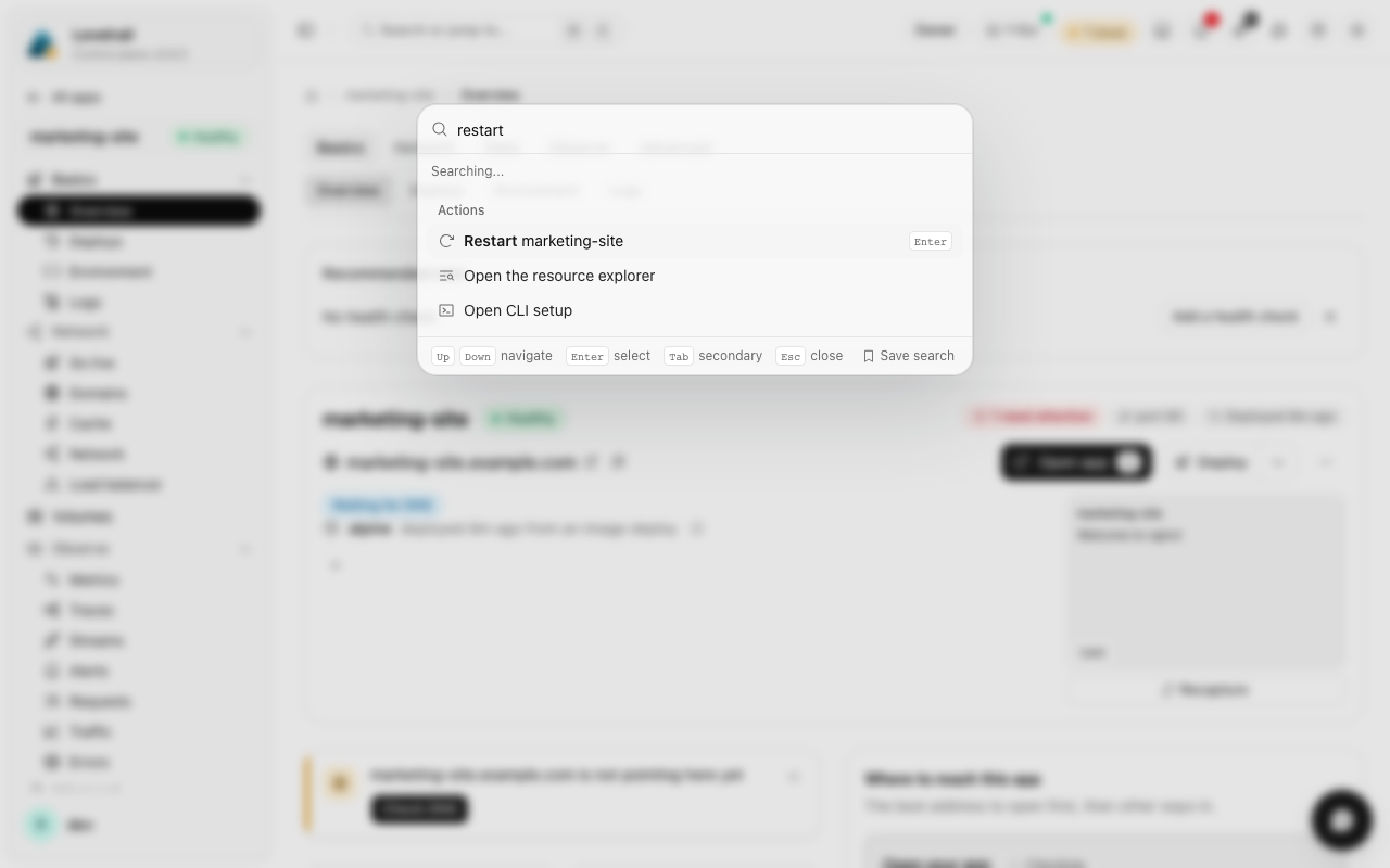 Levelrail dashboard: Command palette search results