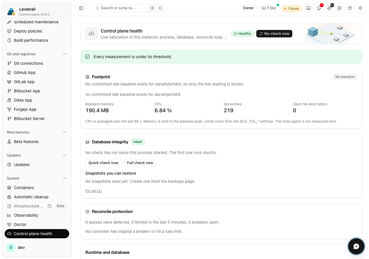 Levelrail control plane health page