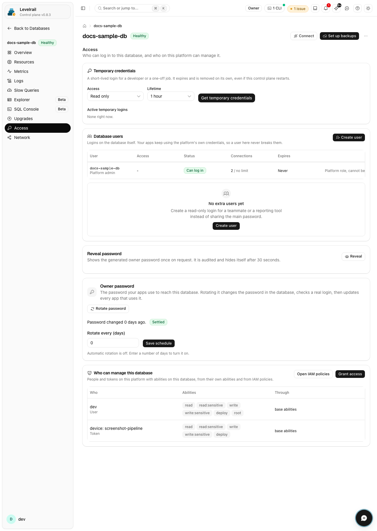 Levelrail dashboard: Database access and credentials