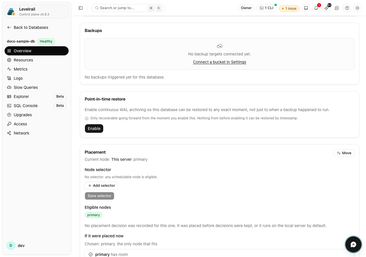 Levelrail database backups