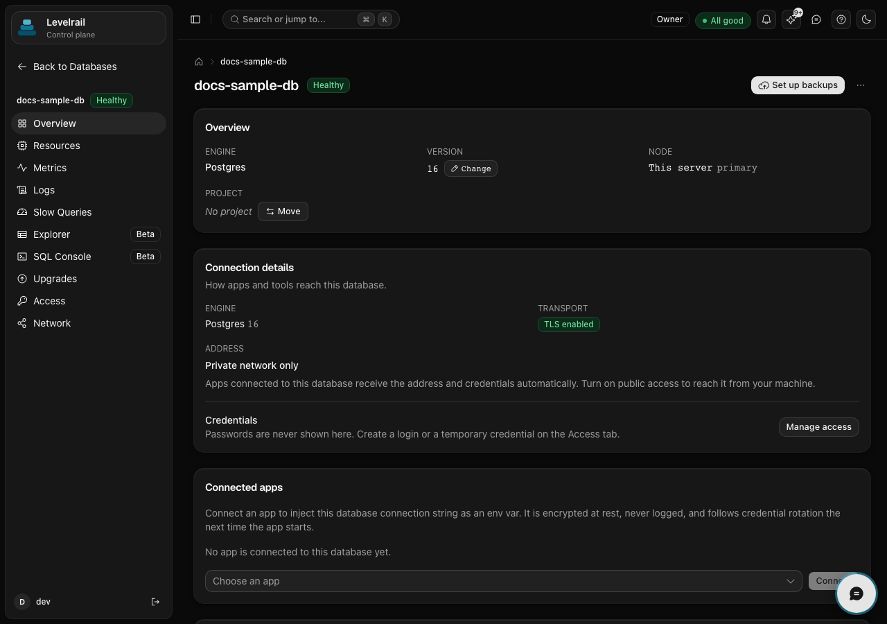 Levelrail database overview with TLS and public access settings