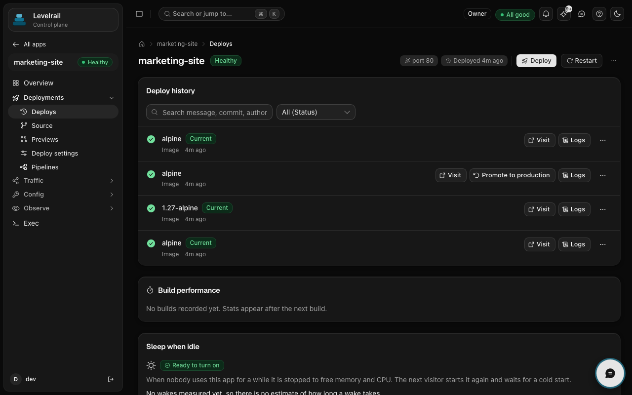 Levelrail deploy history with one-click rollback