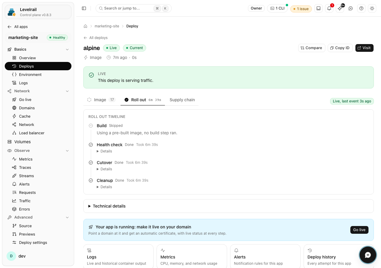 Levelrail live deploy log