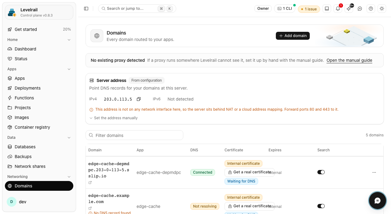 Levelrail dashboard: Domains with TLS status and routing