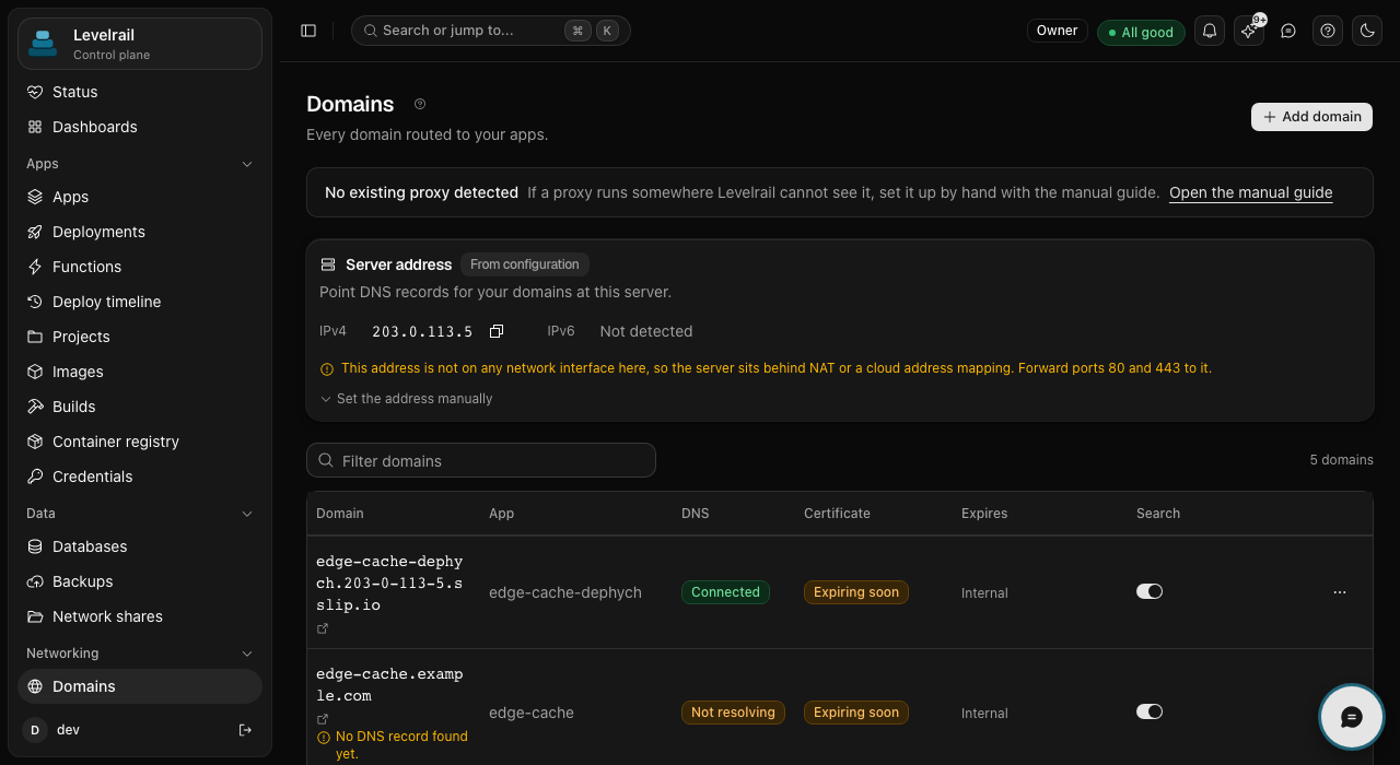 Levelrail Domains page with platform ingress settings