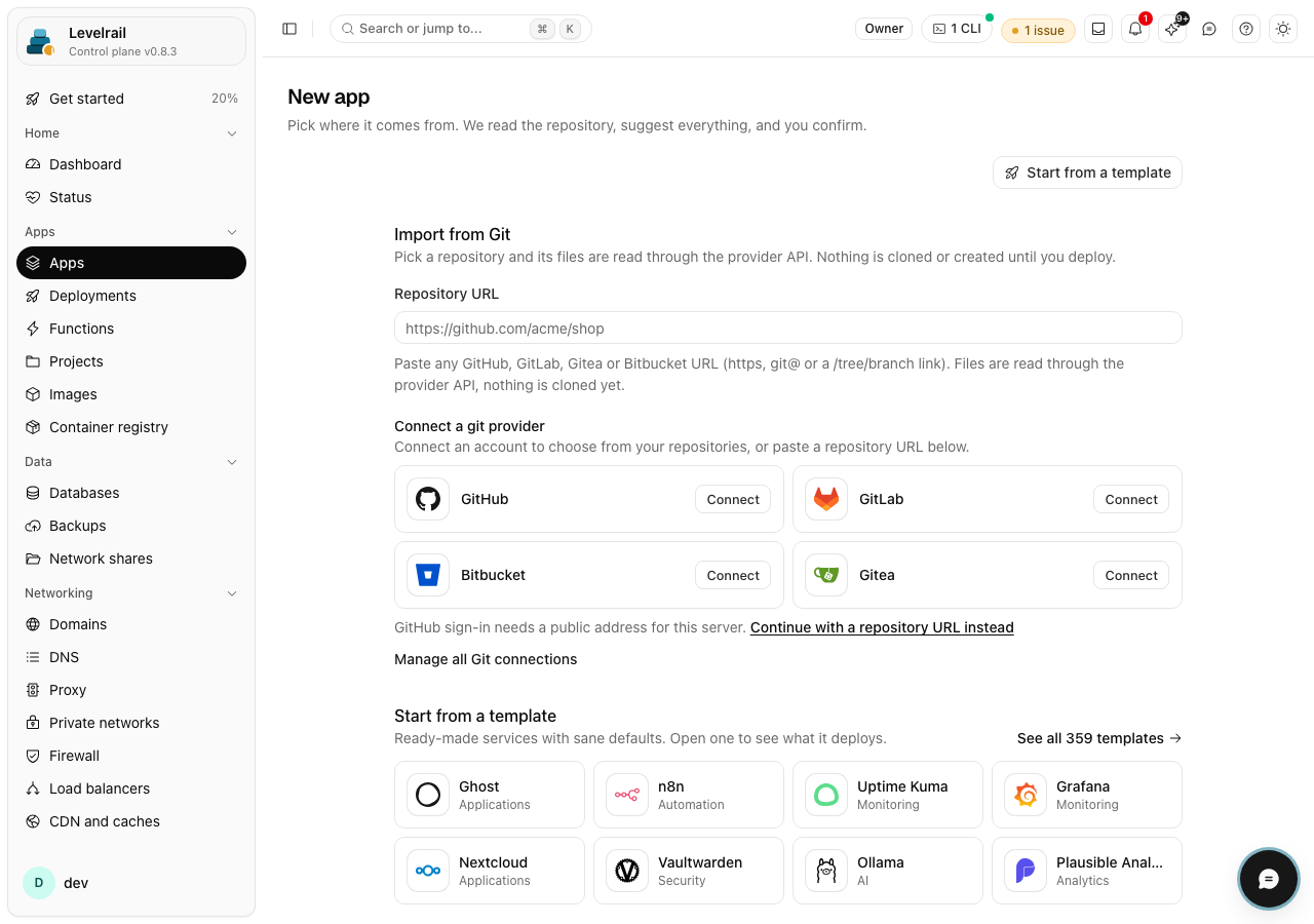 Levelrail new app page with the framework preset picker