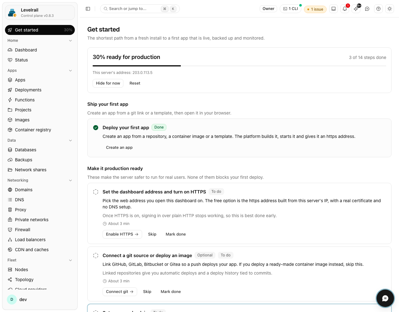 Levelrail dashboard: Get started checklist
