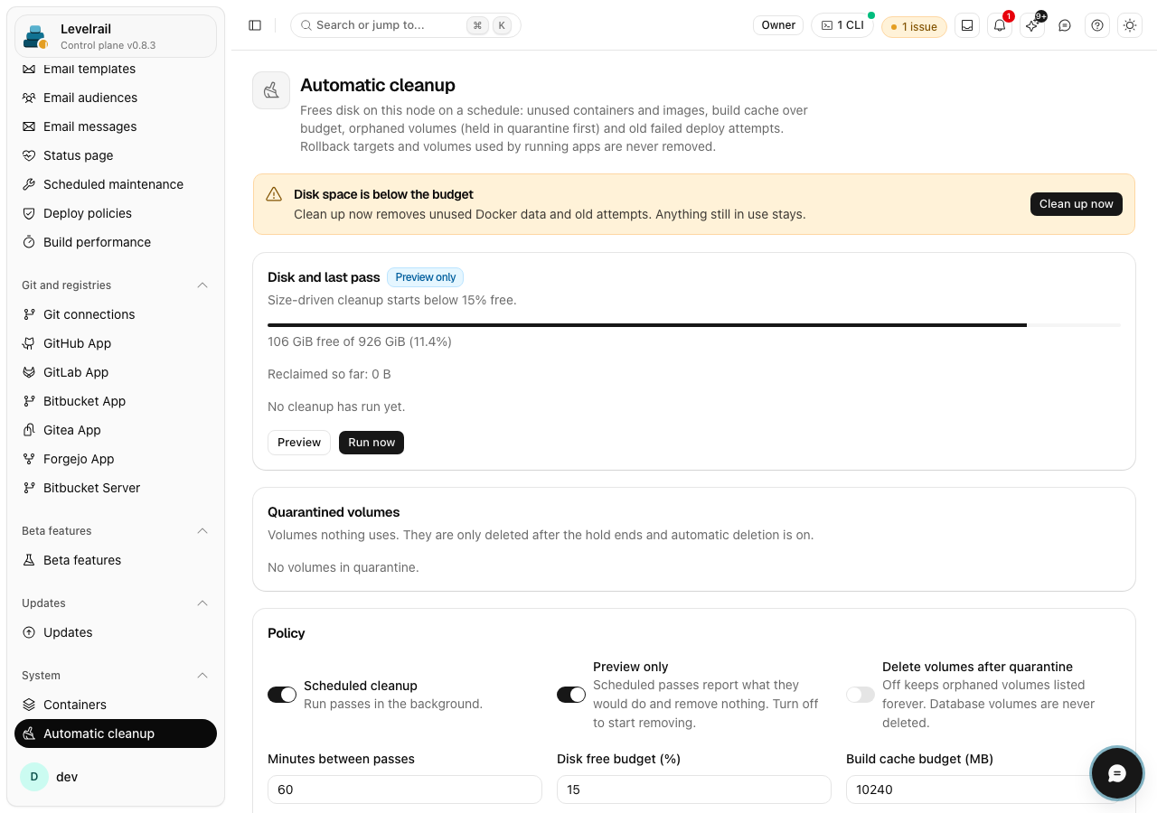 Levelrail dashboard: Automatic cleanup (janitor) settings
