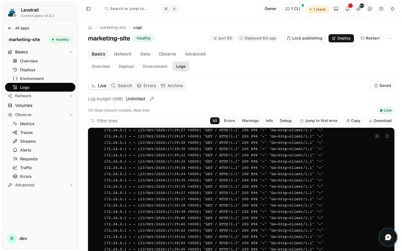 Levelrail dashboard: App log viewer with search and filters