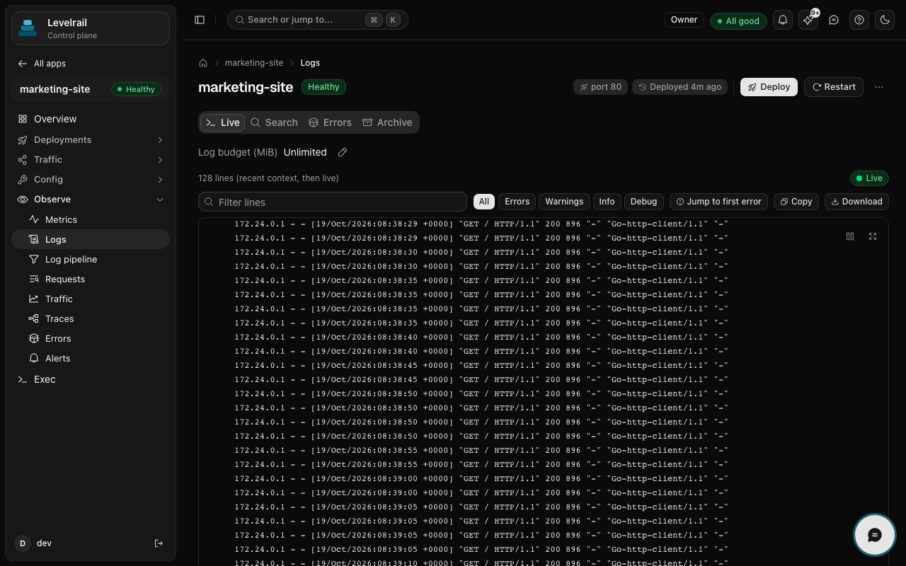 Levelrail live log viewer with full-text search