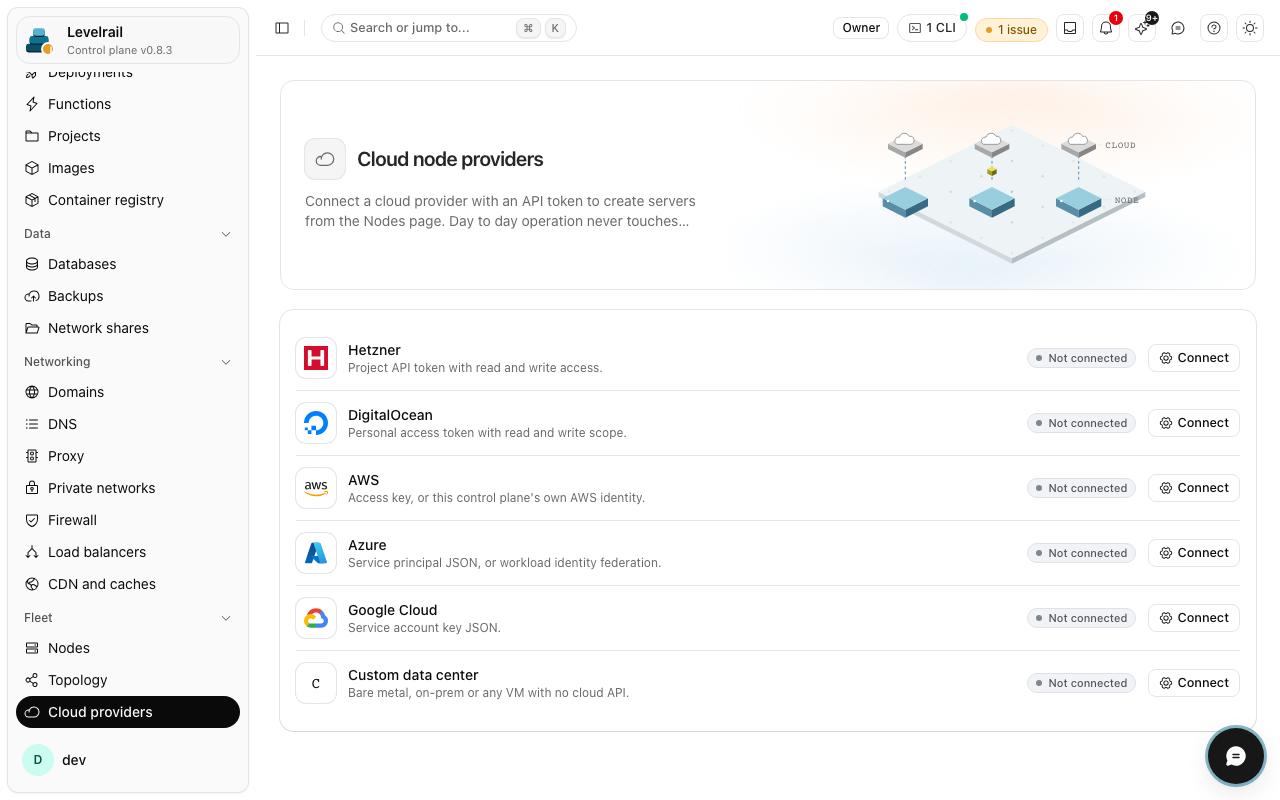 Levelrail dashboard: Node provider settings