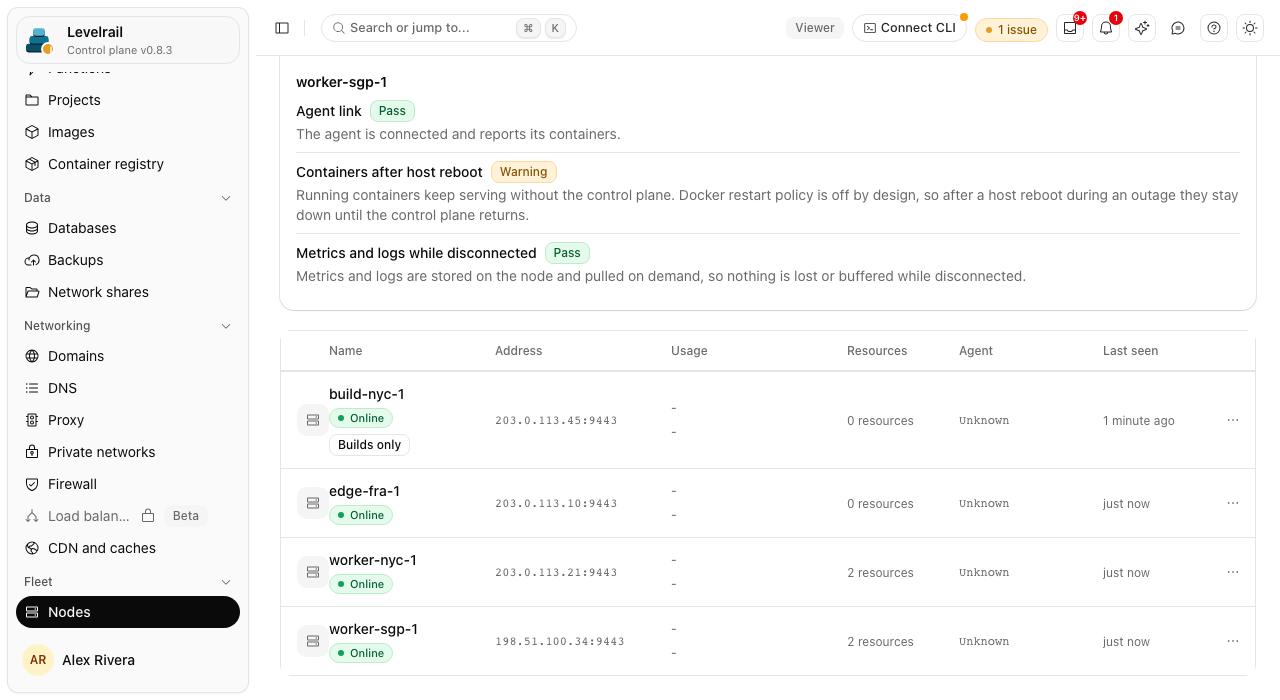 Levelrail dashboard: Node list: primary server, online, builds only