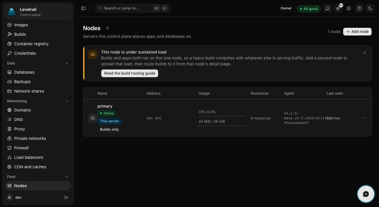 Levelrail nodes list showing health and placement