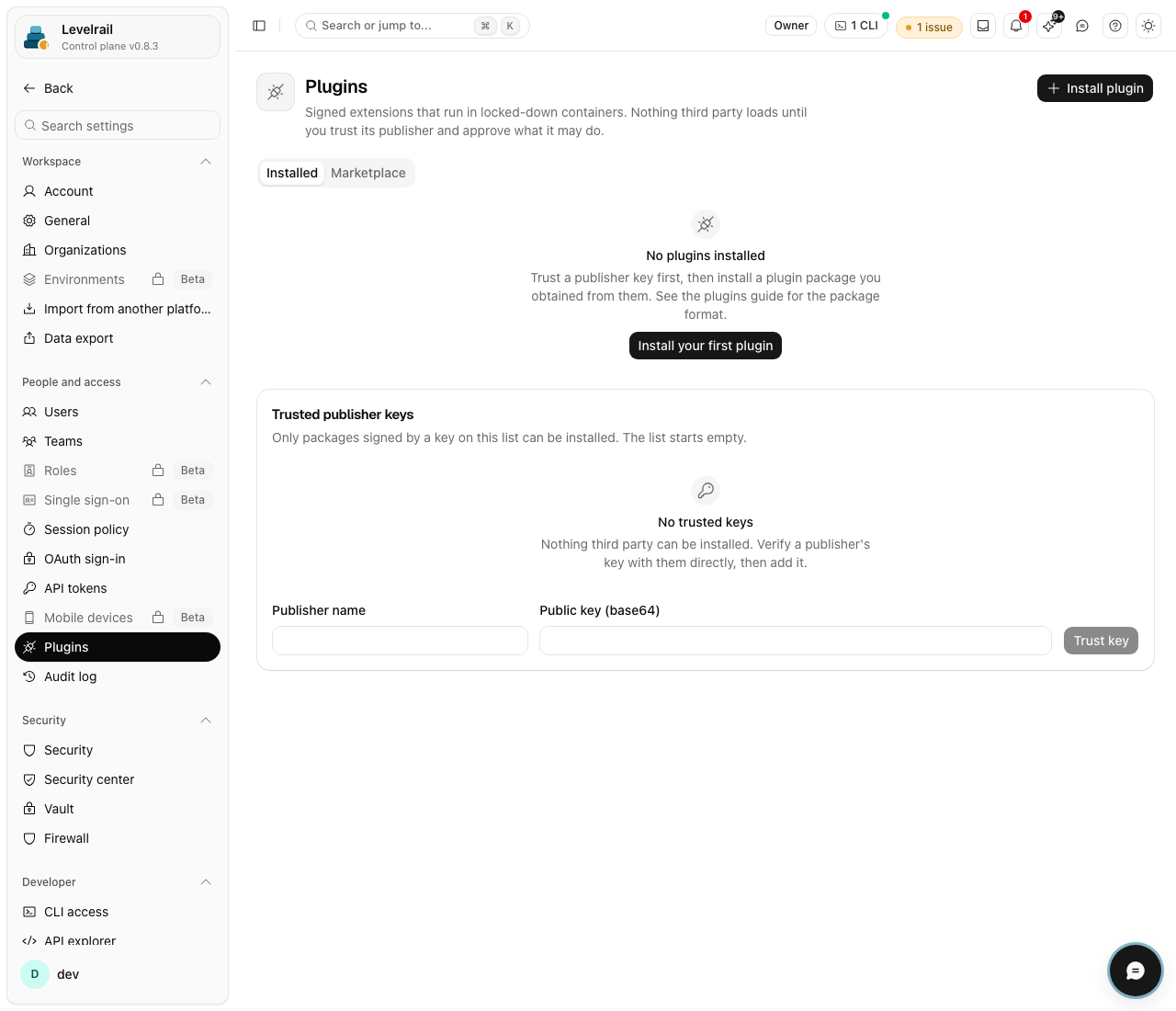 Levelrail dashboard: Installed plugins