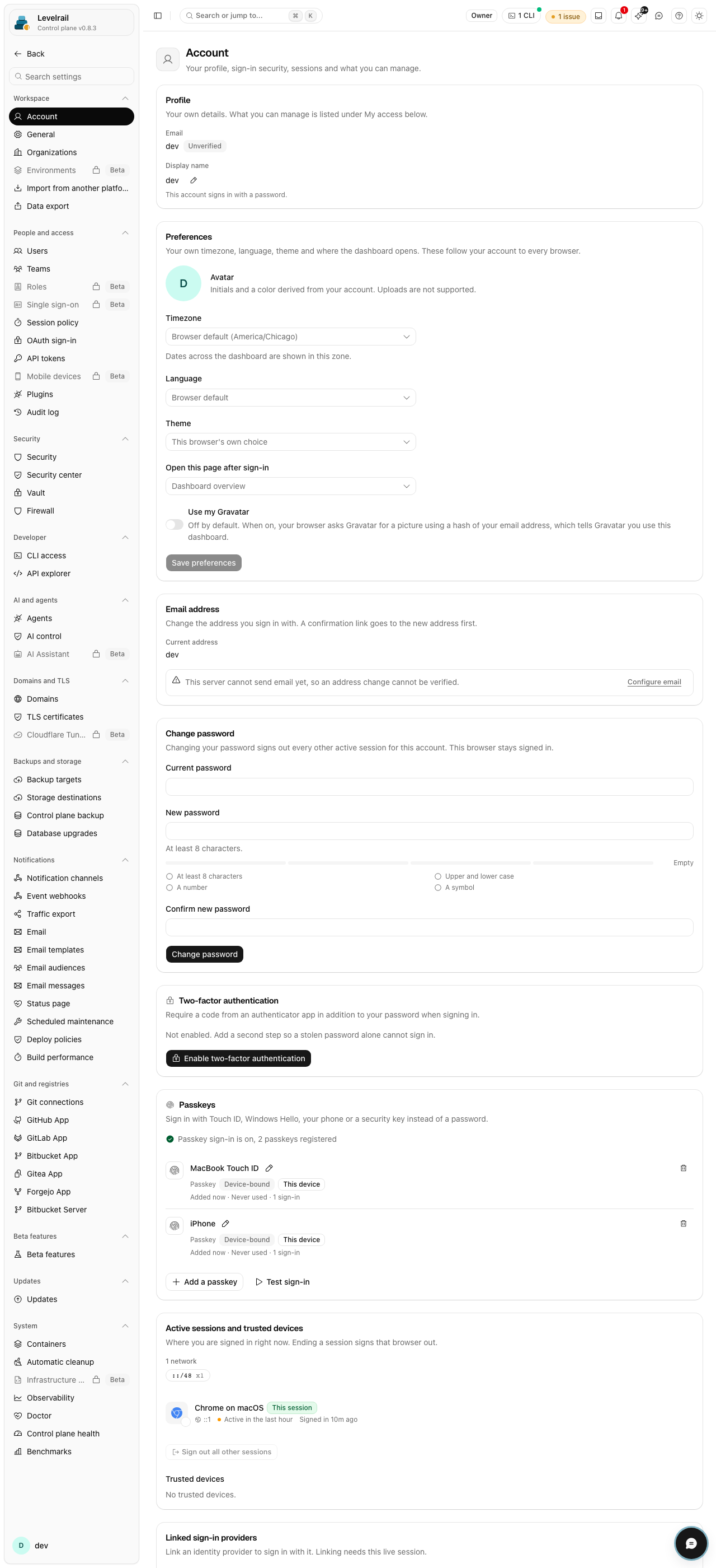 Levelrail dashboard: Account settings: profile and password