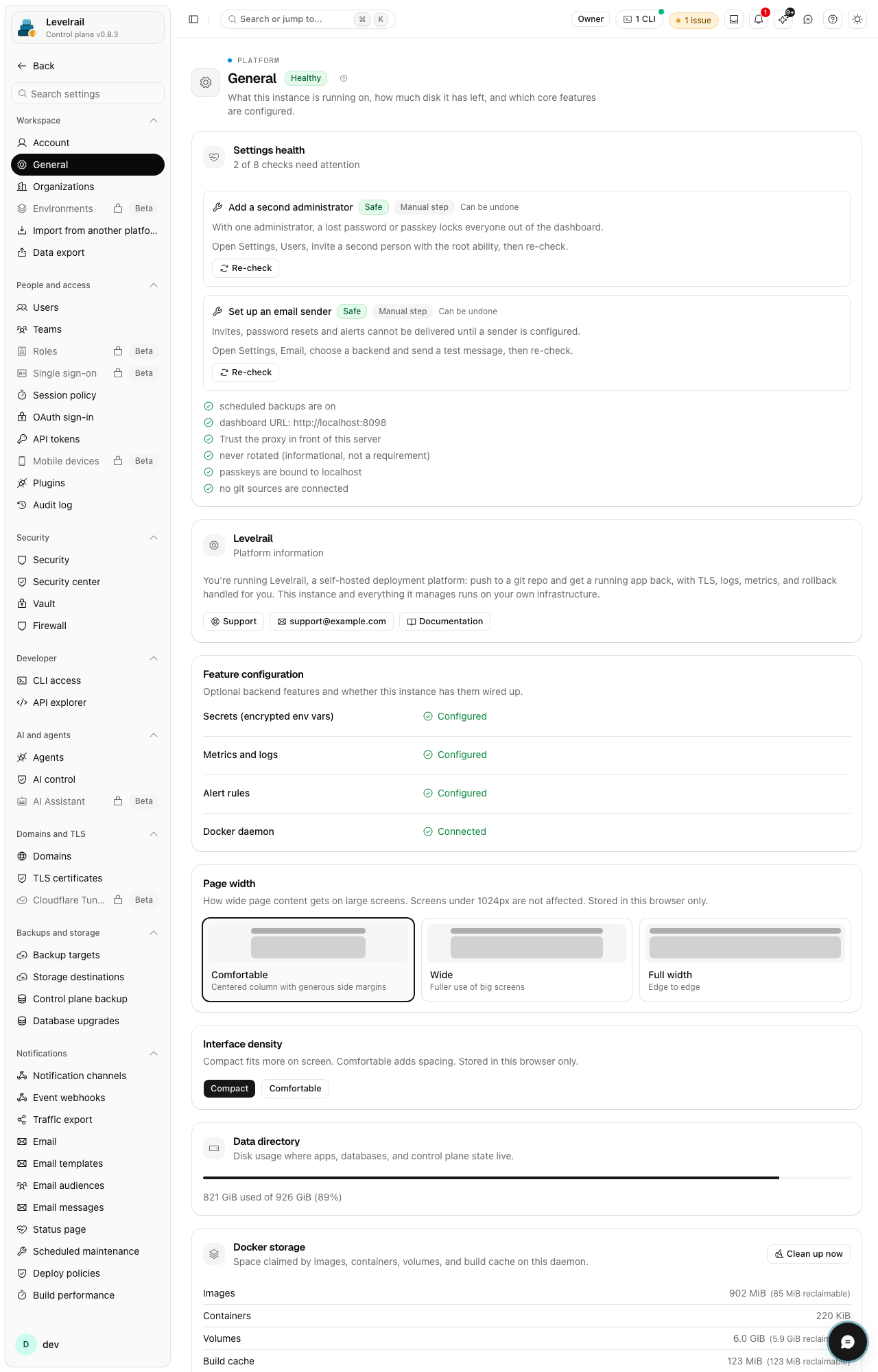 Levelrail dashboard: General settings
