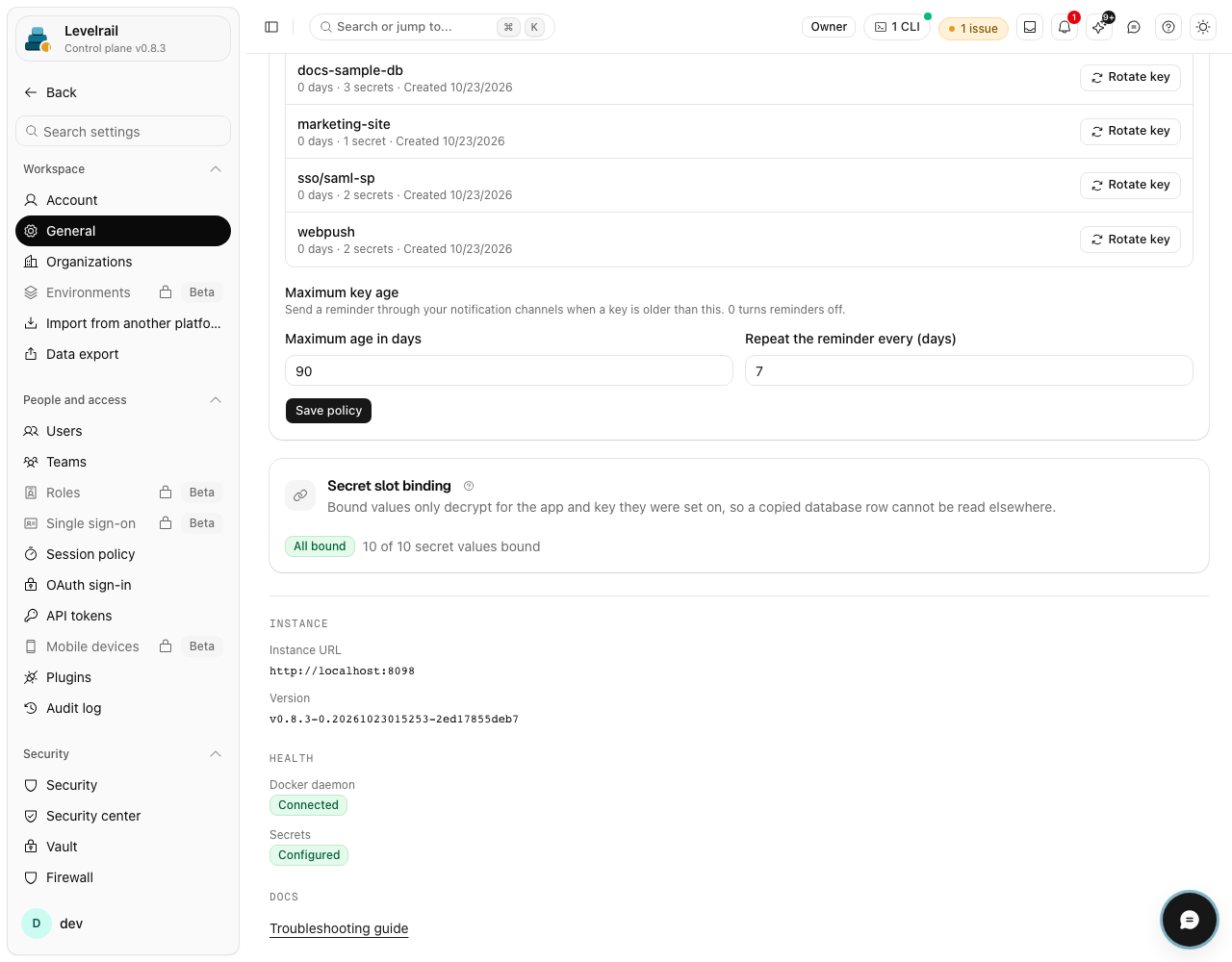 Levelrail dashboard: Settings health