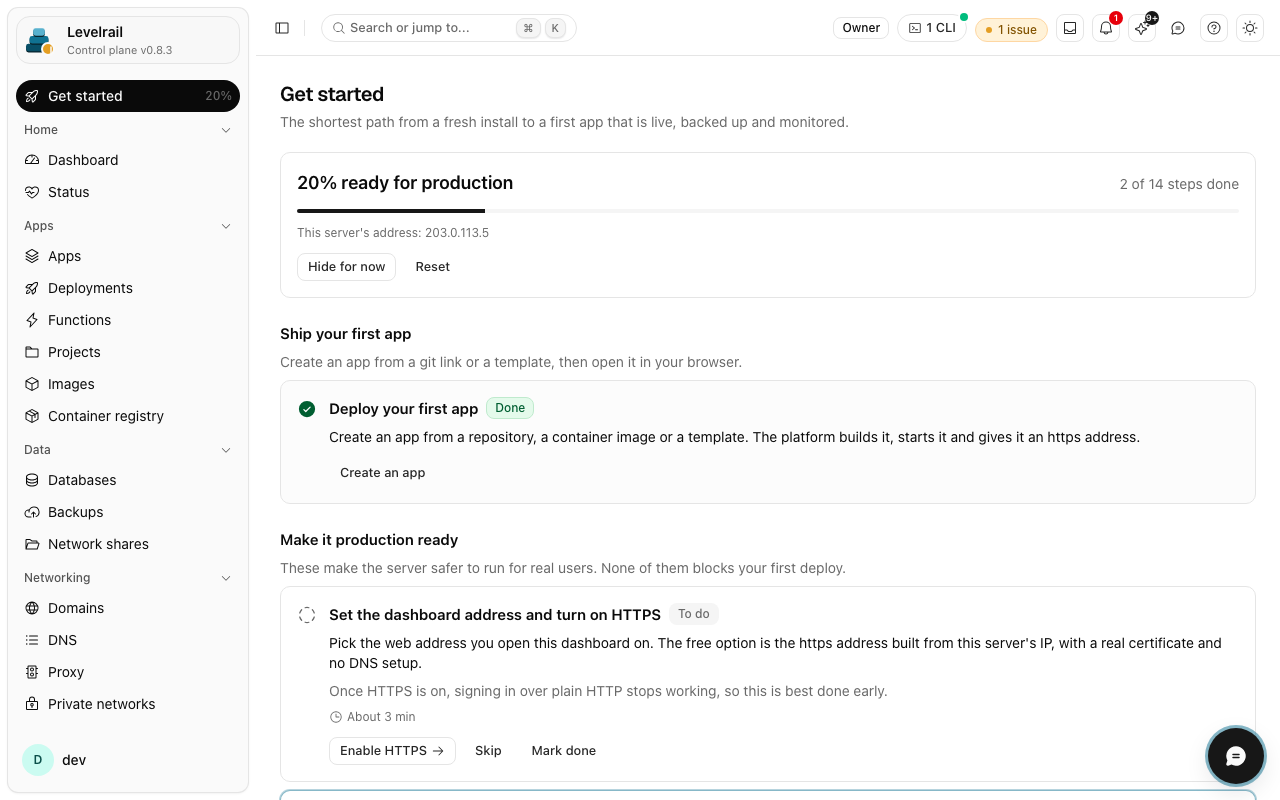 Levelrail dashboard: First-run setup checklist