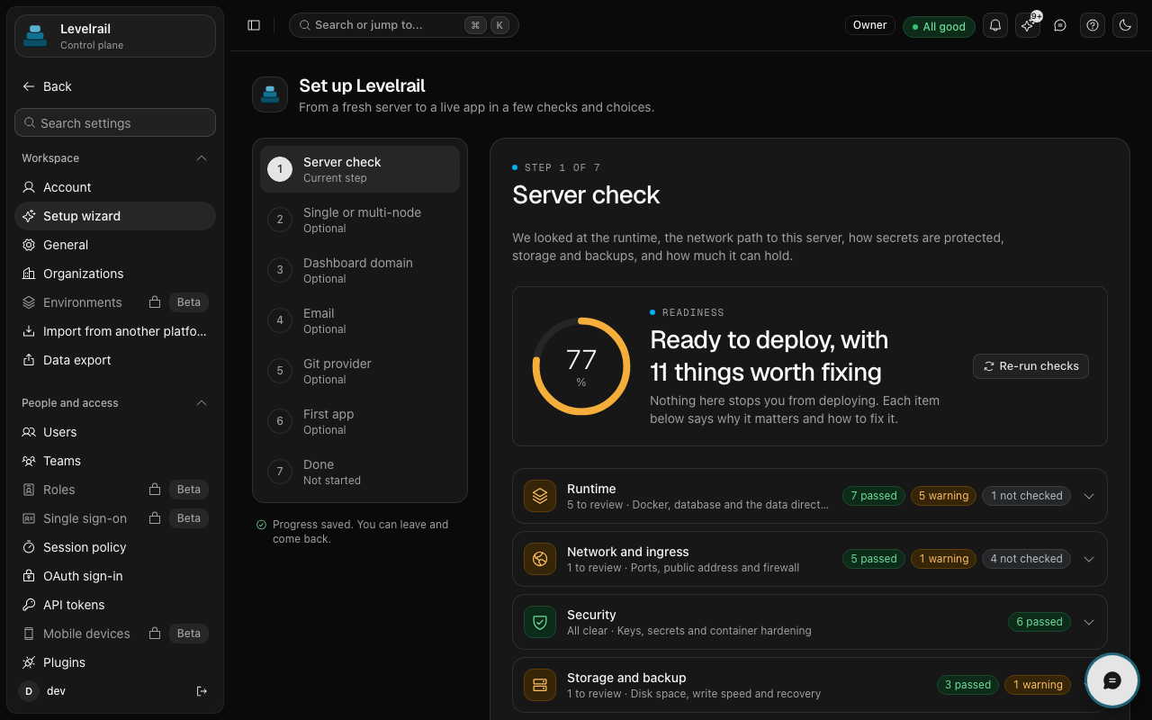 Levelrail setup wizard running server checks on a fresh install
