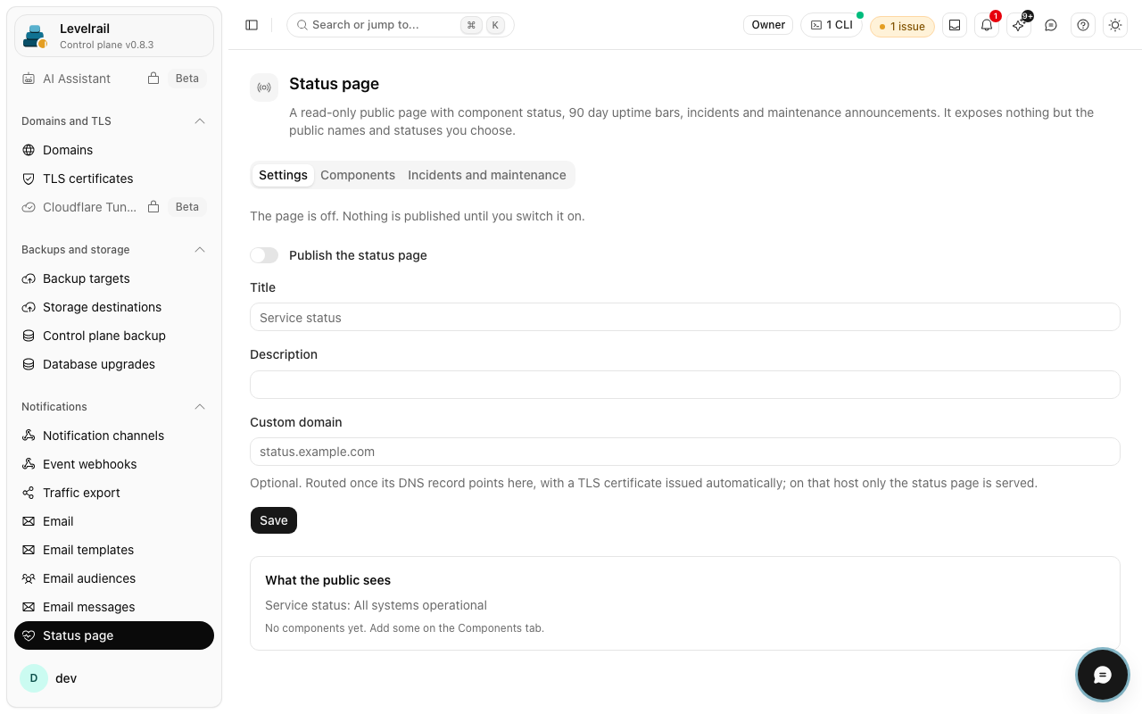 Levelrail dashboard: Public status page settings
