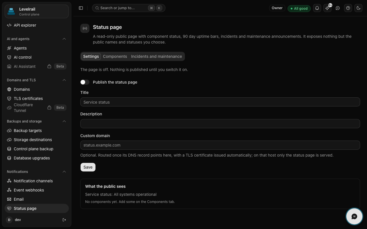 Levelrail status page settings, switched off by default