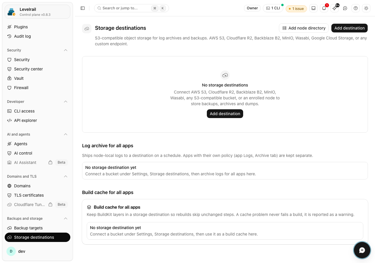 Levelrail dashboard: Storage destinations: empty state with next steps