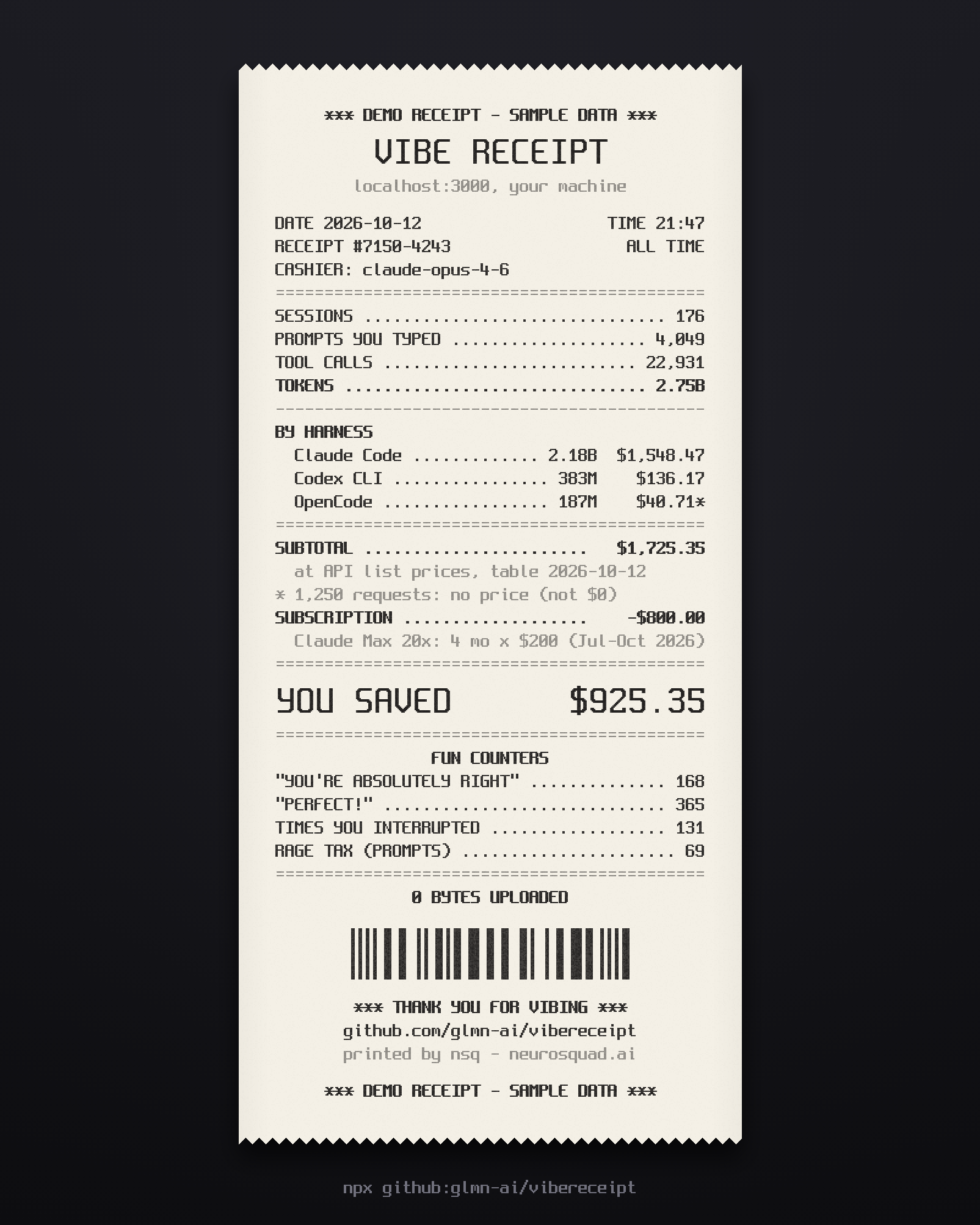 The compact --short receipt: header, sessions, prompts, tool calls, total tokens, cost per harness, subtotal, subscription, YOU SAVED, four fun counters and the footer, on a 4:5 canvas. Marked DEMO: sample data.