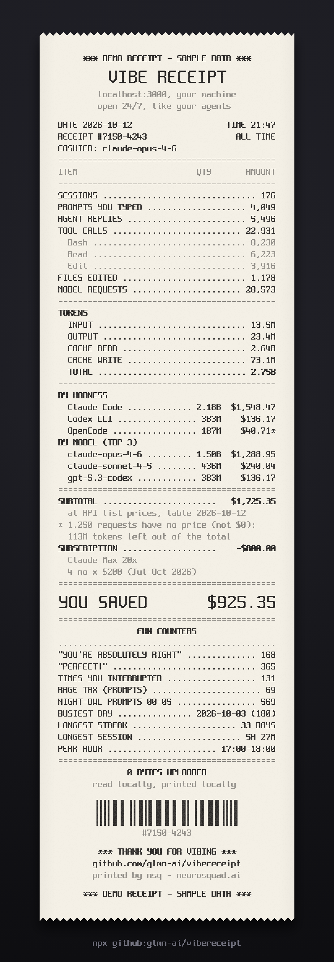 A thermal-printer receipt listing sessions, prompts, tool calls, tokens, cost per harness and model, a subscription comparison and fun counters. Marked DEMO: sample data.