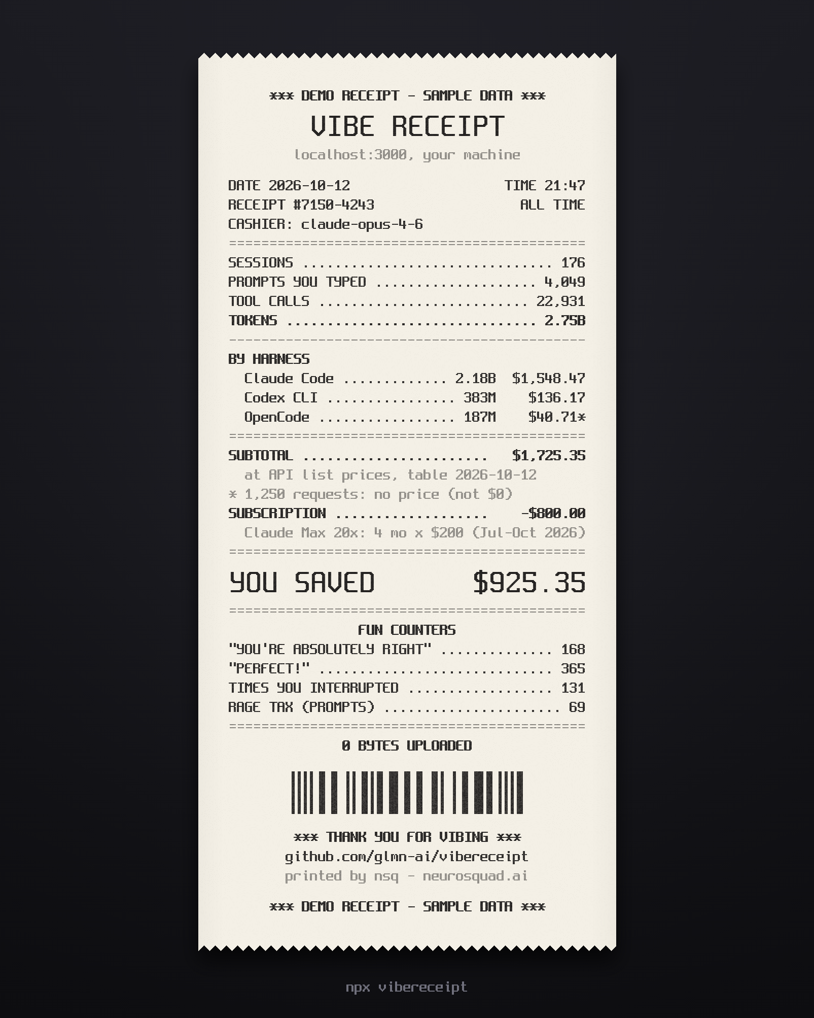 The compact --short receipt: header, sessions, prompts, tool calls, total tokens, cost per harness, subtotal, subscription, YOU SAVED, four fun counters and the footer, on a 4:5 canvas. Marked DEMO: sample data.
