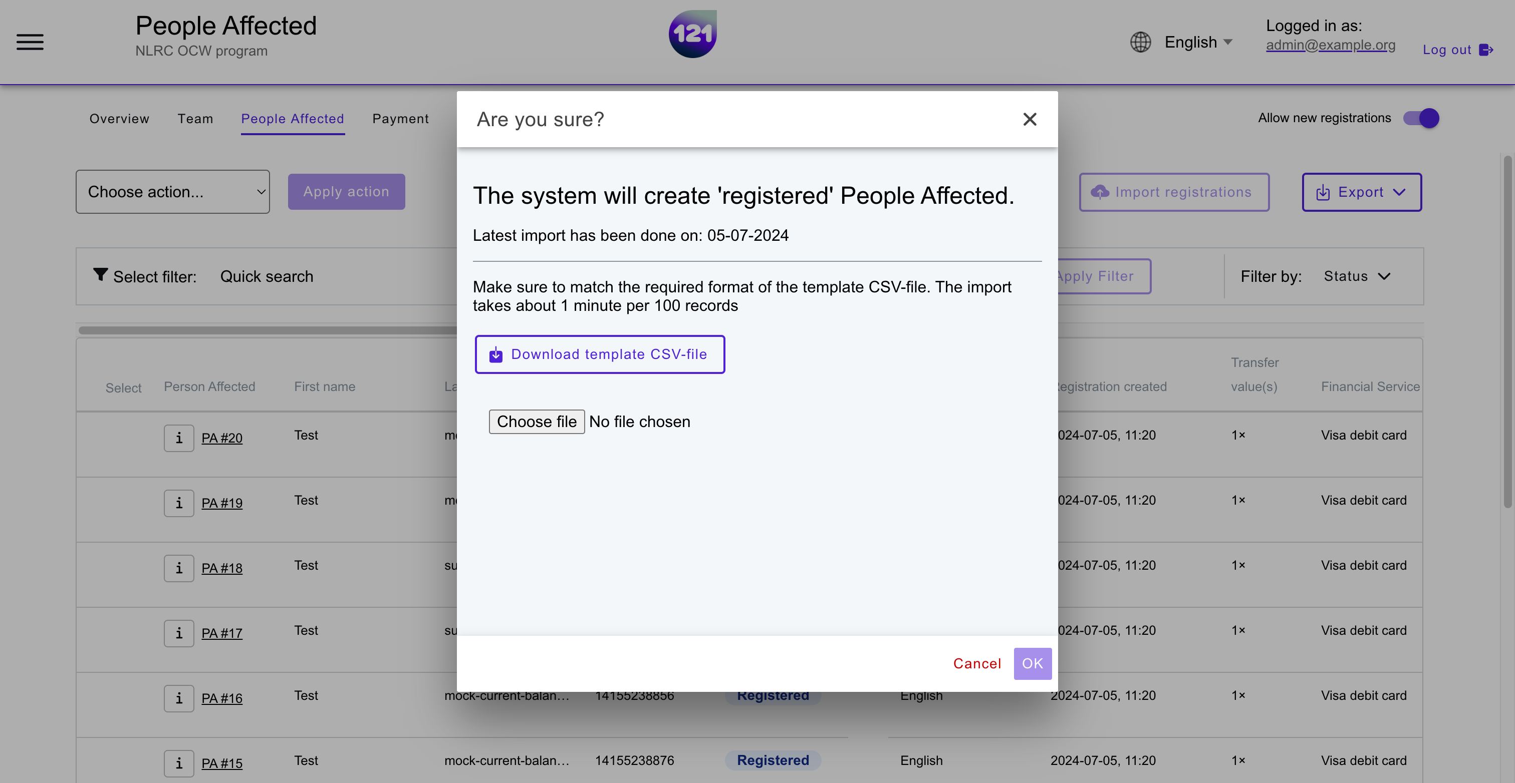 Import Registration pop-up