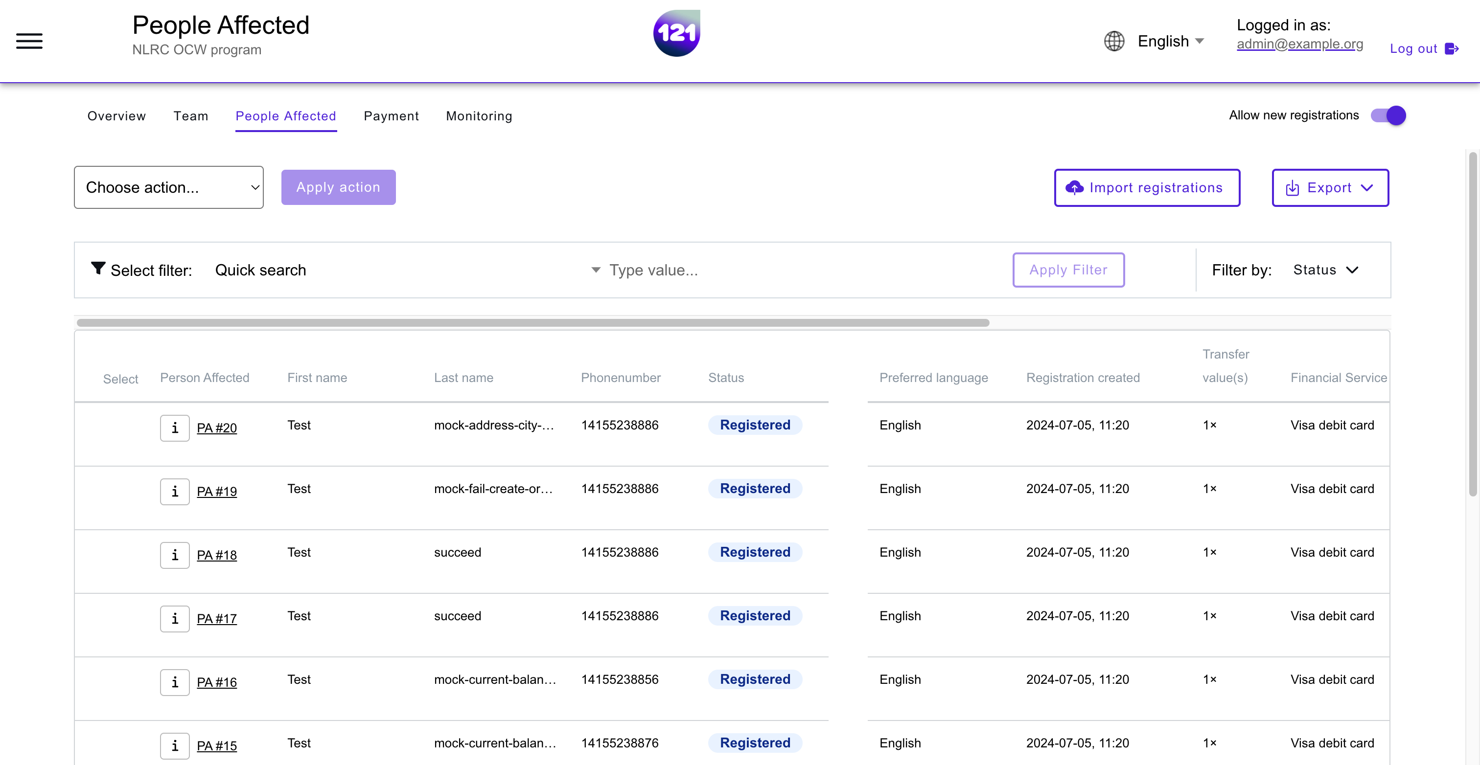 Import Registration button