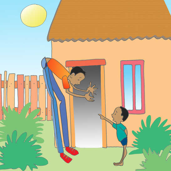 A very tall man and a boy standing outside a house; the doorway is too low for him.