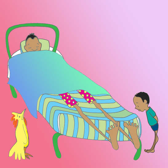 A very tall man in bed with his feet hanging off the edge of the bed, and a boy standing next to him looking at his feet.