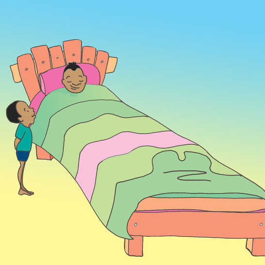 A man in a long bed and a boy standing next to him.