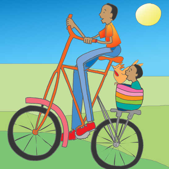 A very tall man riding a high bicycle and a boy sitting in a basket on the back.