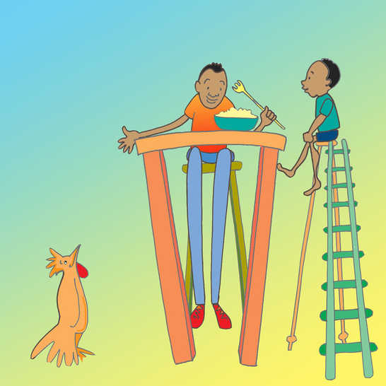 A very tall man sitting on a very high chair eating with a long fork, and a boy sitting next to him at the top of a ladder.