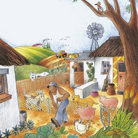 A farmer standing in a farmyard surrounded by animals.