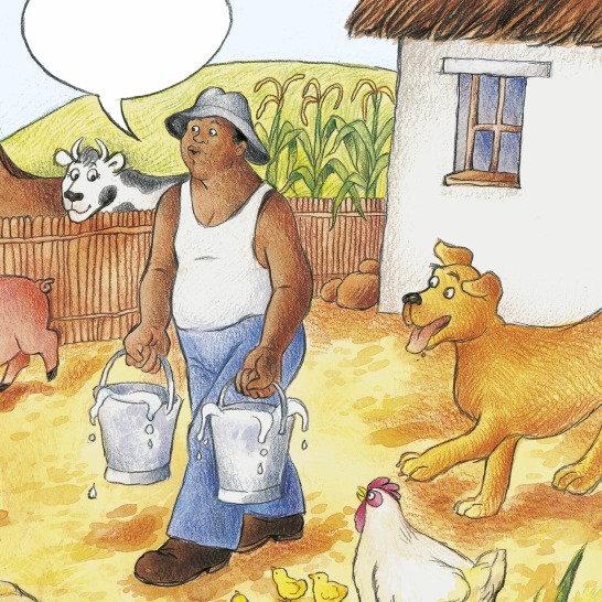 A farmer holding a bucket in each hand surrounded by animals.