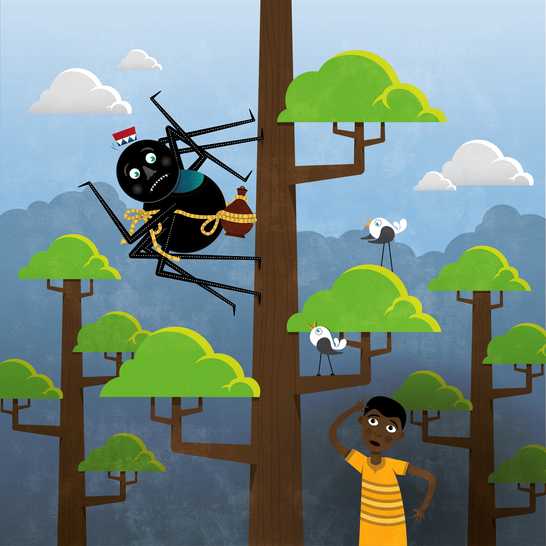 A spider climbing a tall tree with a clay pot tied to its stomach and a boy standing at the bottom of the tree.