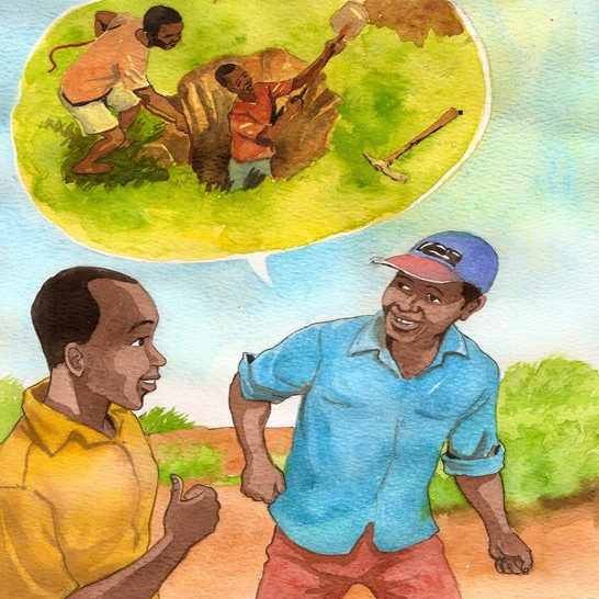 A man suggesting men help to dig a well.
