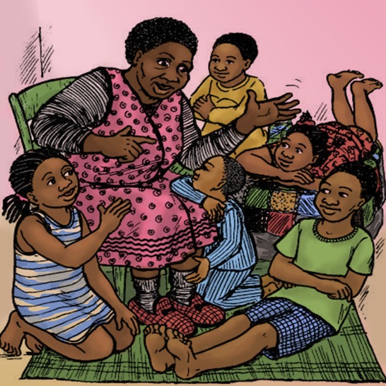 A woman sitting surrounded by children.