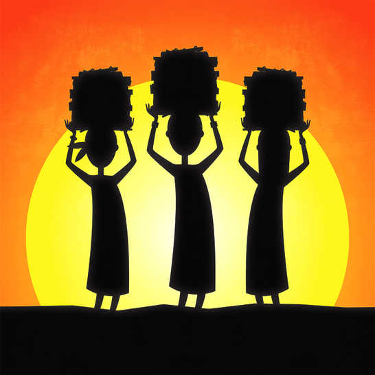 A silhouette of three girls carrying wood on their heads at sunset.